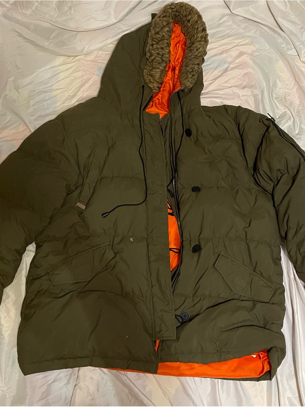 Olive Green Hooded Puffer Jacket with Orange Liner